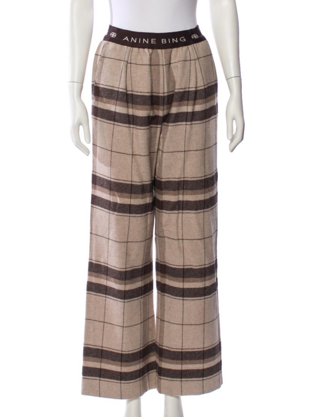 Anine Bing Beige & Brown Plaid Wide-Leg Wool Pants